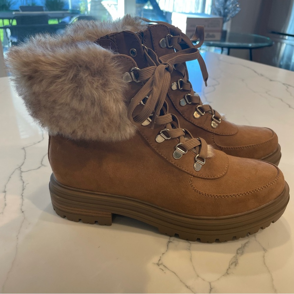 Sun + Stone Orlaaf Faux Fur Cold Weather Lug Sole, Combat, Lace-Up Ankle Boots - Picture 3 of 13
